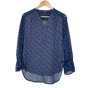 Lucky Brand Women's Small Navy Long Flare Sleeve V Neck Sheer Back Floral Blouse
